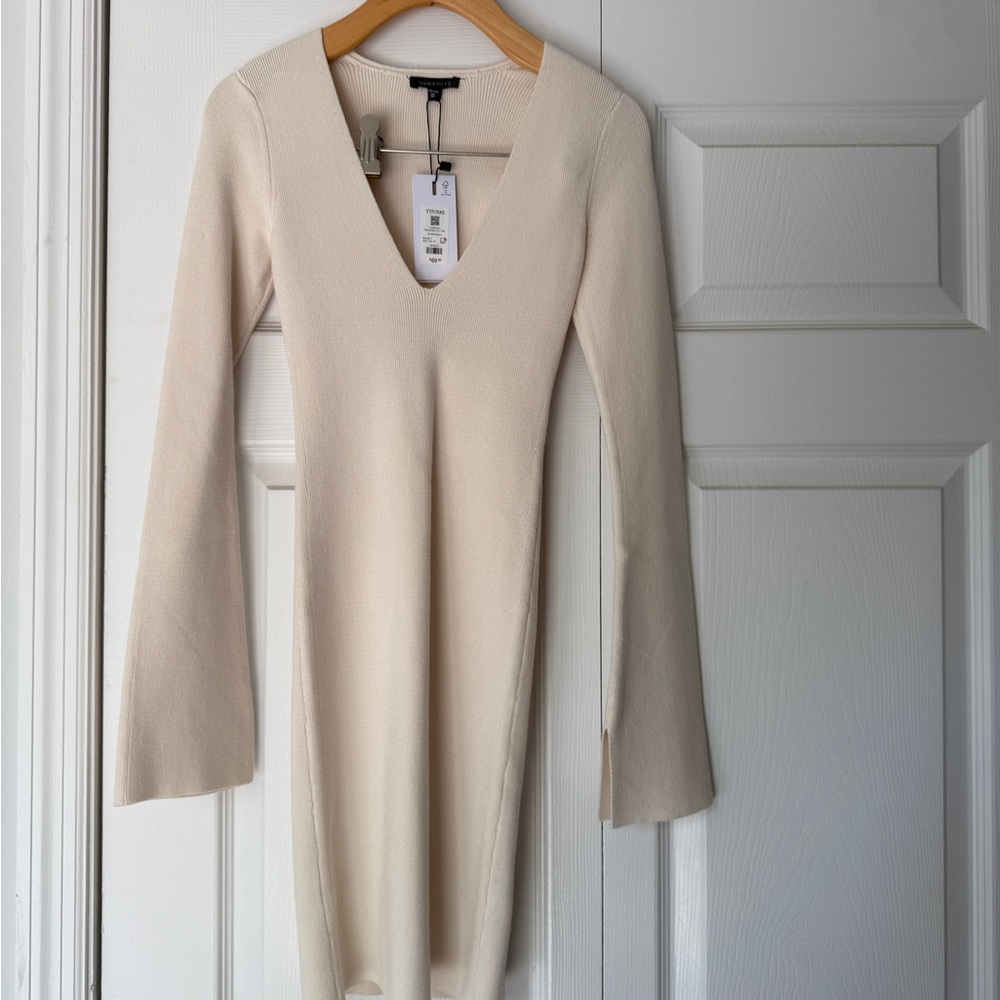 Dynamite Cream Bodycon Dress with Bell Sleeves and V-Neck NWT